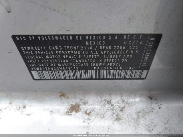 44968945 :رقم المزاد ، 3VWA17AU2GM519115 vin ، 2016 Volkswagen Golf Sportwagen Tsi S 4-door مزاد بيع