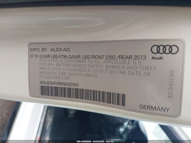 44968966 :رقم المزاد ، WAUENAF45KN020450 vin ، 2019 Audi A4 45 Premium مزاد بيع