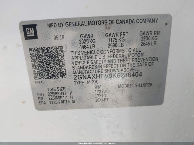 Aukcja sprzedaży 2019 Chevrolet Equinox Ls, vin: 2GNAXHEV9K6286404, numer aukcji: 44968999