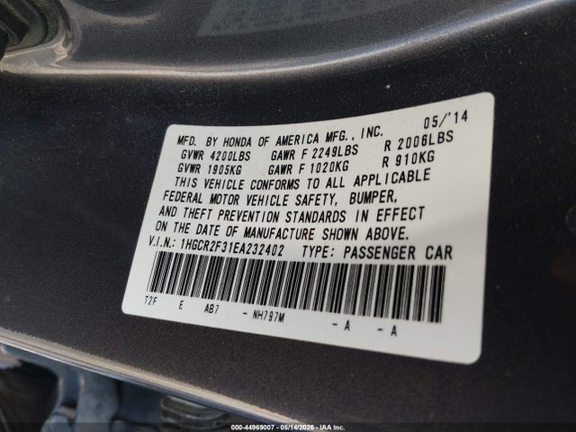 Aukcja sprzedaży 2014 Honda Accord Lx, vin: 1HGCR2F31EA232402, numer aukcji: 44969007