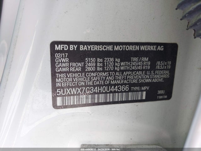 Продаж на аукціоні авто 2017 Bmw X3 Xdrive35i, vin: 5UXWX7C34H0U44366, номер лоту: 44969010