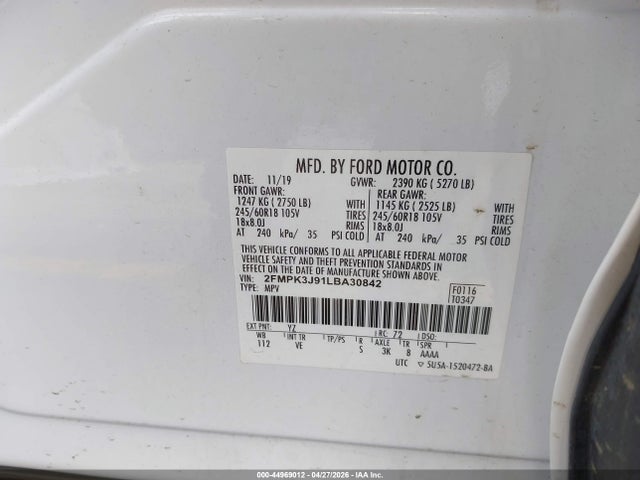 Aukcja sprzedaży 2020 Ford Edge Sel, vin: 2FMPK3J91LBA30842, numer aukcji: 44969012