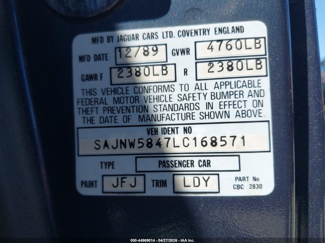 Продажа на аукционе авто 1990 Jaguar Xjs, vin: SAJNW5847LC168571, номер лота: 44969014