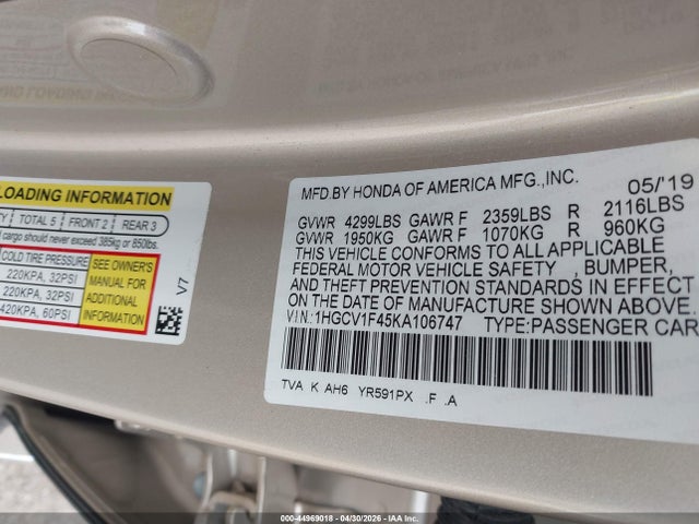 44969018 :رقم المزاد ، 1HGCV1F45KA106747 vin ، 2019 Honda Accord Ex مزاد بيع