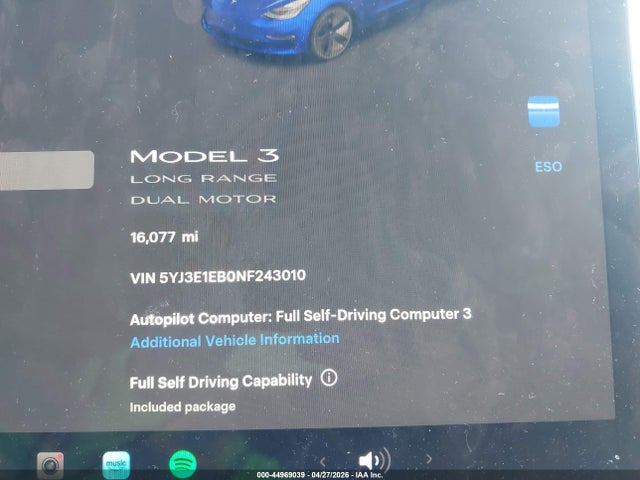 Продаж на аукціоні авто 2022 Tesla Model 3 Long Range Dual Motor All-wheel Drive, vin: 5YJ3E1EB0NF243010, номер лоту: 44969039