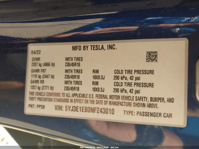 Продаж на аукціоні авто 2022 Tesla Model 3 Long Range Dual Motor All-wheel Drive, vin: 5YJ3E1EB0NF243010, номер лоту: 44969039