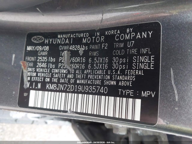 44969049 :رقم المزاد ، KM8JN72D19U935740 vin ، 2009 Hyundai Tucson Se مزاد بيع