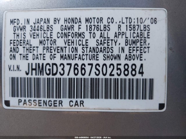 Aukcja sprzedaży 2007 Honda Fit Sport, vin: JHMGD37667S025884, numer aukcji: 44969054