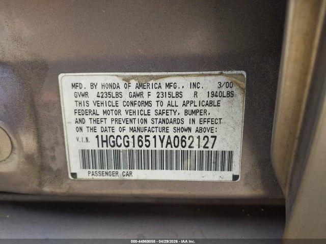 44969058 :رقم المزاد ، 1HGCG1651YA062127 vin ، 2000 Honda Accord 3.0 Ex مزاد بيع