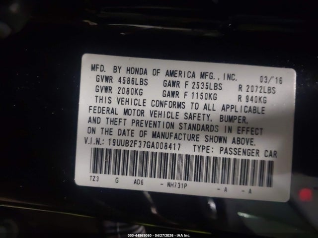 2016 Acura Tlx V6 მანქანა იყიდება აუქციონზე, vin: 19UUB2F37GA008417, აუქციონის ნომერი: 44969060