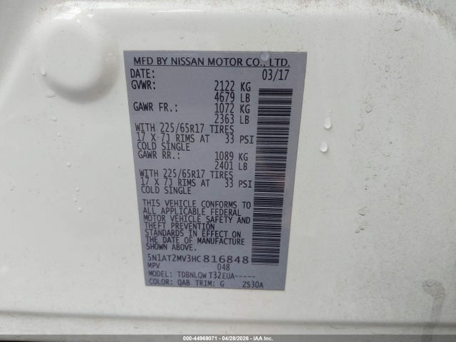 Aukcja sprzedaży 2017 Nissan Rogue Sv, vin: 5N1AT2MV3HC816848, numer aukcji: 44969071