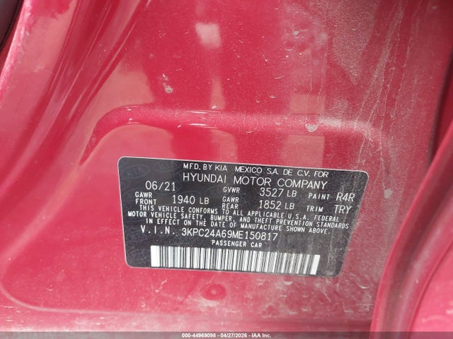 2021 Hyundai Accent Se მანქანა იყიდება აუქციონზე, vin: 3KPC24A69ME150817, აუქციონის ნომერი: 44969098