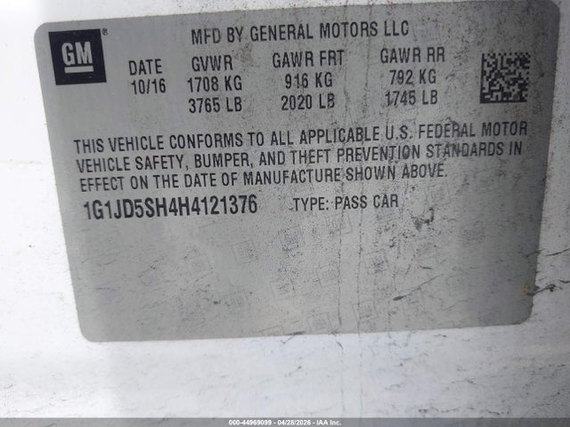 Продаж на аукціоні авто 2017 Chevrolet Sonic Lt Auto, vin: 1G1JD5SH4H4121376, номер лоту: 44969099