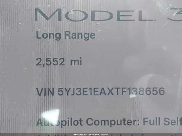 2026 Tesla Model 3 Premium Rear-wheel Drive/rear-wheel Drive მანქანა იყიდება აუქციონზე, vin: 5YJ3E1EAXTF138656, აუქციონის ნომერი: 44969102