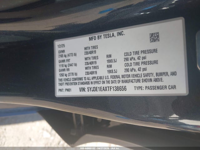 2026 Tesla Model 3 Premium Rear-wheel Drive/rear-wheel Drive მანქანა იყიდება აუქციონზე, vin: 5YJ3E1EAXTF138656, აუქციონის ნომერი: 44969102