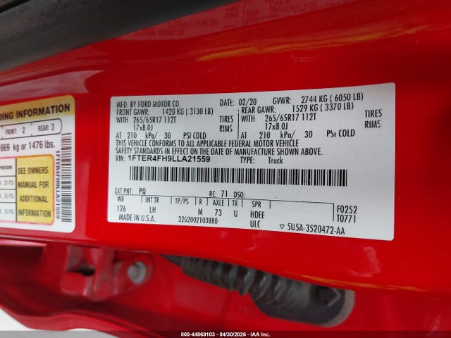 Aukcja sprzedaży 2020 Ford Ranger Xlt, vin: 1FTER4FH9LLA21559, numer aukcji: 44969103