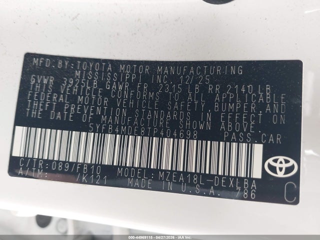 Aukcja sprzedaży 2026 Toyota Corolla Le, vin: 5YFB4MDE8TP404698, numer aukcji: 44969115