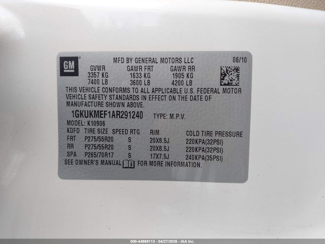 Продаж на аукціоні авто 2010 Gmc Yukon Xl 1500 Denali, vin: 1GKUKMEF1AR291240, номер лоту: 44969113