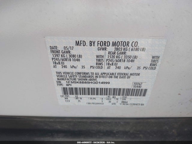 1FM5K8B85HGD14999 Ford Explorer