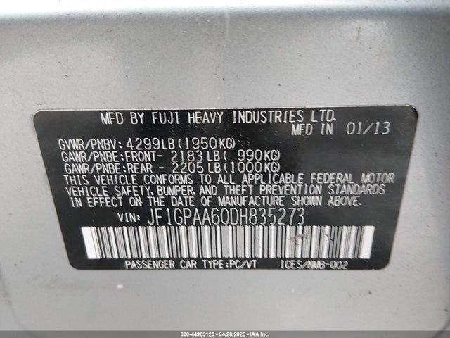 Продажа на аукционе авто 2013 Subaru Impreza Wagon 2.0i, vin: JF1GPAA60DH835273, номер лота: 44969120