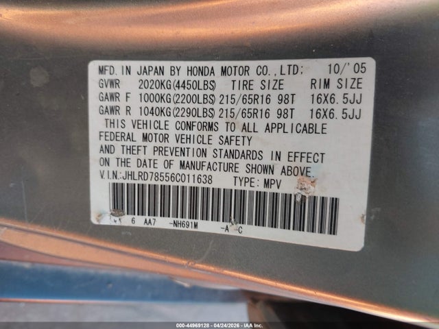 2006 Honda Cr-v Lx მანქანა იყიდება აუქციონზე, vin: JHLRD78556C011638, აუქციონის ნომერი: 44969128
