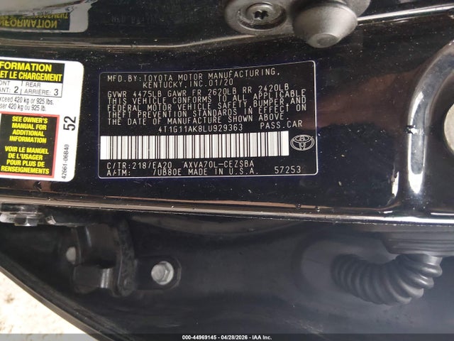 44969145 :رقم المزاد ، 4T1G11AK8LU929363 vin ، 2020 Toyota Camry Se مزاد بيع