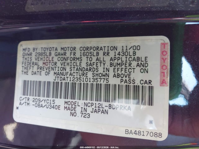 Aukcja sprzedaży 2001 Toyota Echo, vin: JTDAT123510135775, numer aukcji: 44969152