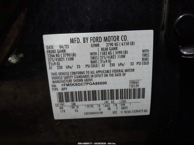 Продаж на аукціоні авто 2023 Ford Explorer St, vin: 1FM5K8GC7PGA86600, номер лоту: 44969171