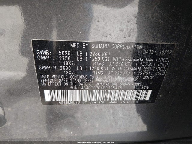 44969174 :رقم المزاد ، 4S4BTGPD4P3125475 vin ، 2023 Subaru Outback Touring Xt مزاد بيع