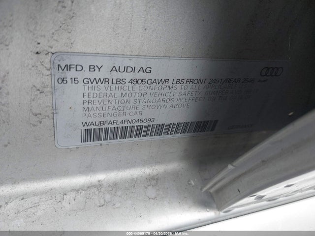 44969179 :رقم المزاد ، WAUBFAFL4FN045093 vin ، 2015 Audi A4 2.0t Premium مزاد بيع