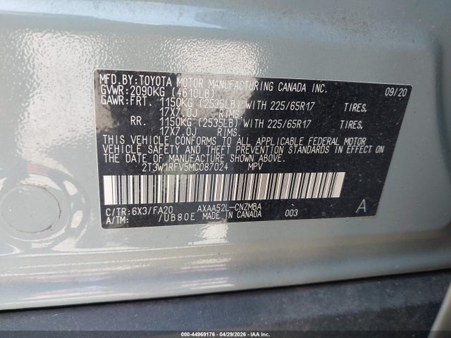 Aukcja sprzedaży 2021 Toyota Rav4 Xle, vin: 2T3W1RFV5MC087024, numer aukcji: 44969176