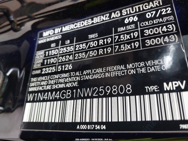 Aukcja sprzedaży 2022 Mercedes-benz Glb 250, vin: W1N4M4GB1NW259808, numer aukcji: 44969203