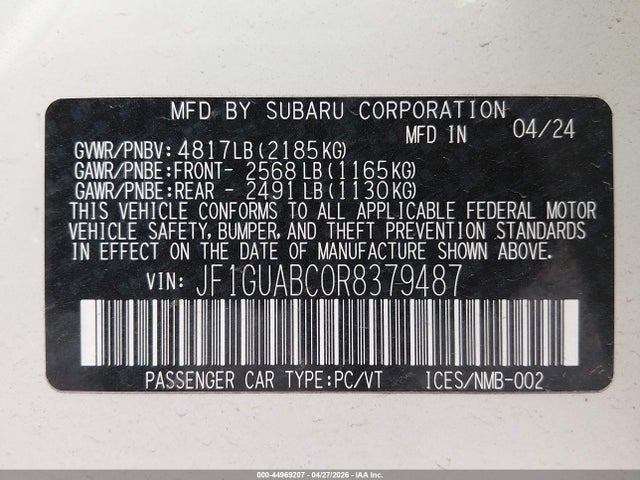 Aukcja sprzedaży 2024 Subaru Impreza Base 5-door, vin: JF1GUABC0R8379487, numer aukcji: 44969207