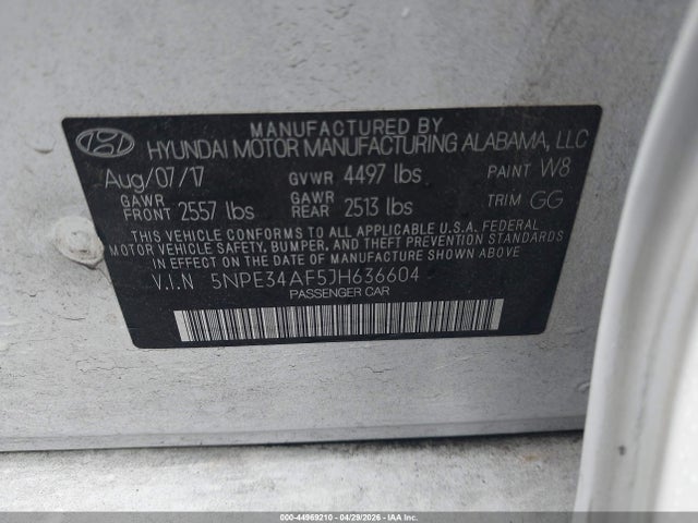 2018 Hyundai Sonata Sel მანქანა იყიდება აუქციონზე, vin: 5NPE34AF5JH636604, აუქციონის ნომერი: 44969210