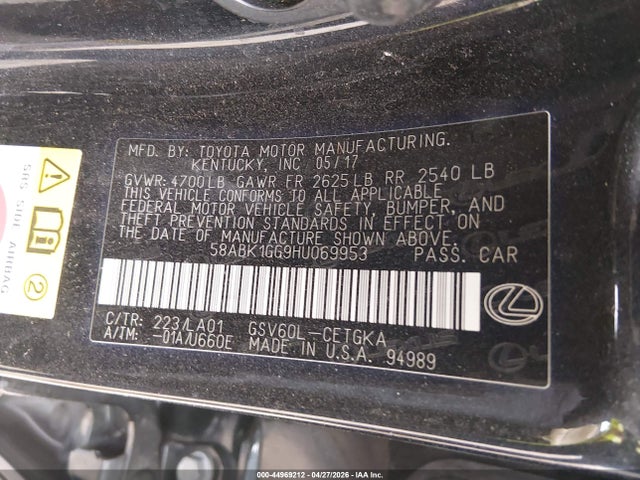 2017 Lexus Es 350 მანქანა იყიდება აუქციონზე, vin: 58ABK1GG9HU069953, აუქციონის ნომერი: 44969212