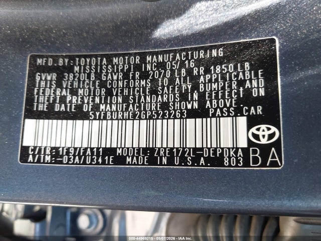44969215 :رقم المزاد ، 5YFBURHE2GP523263 vin ، 2016 Toyota Corolla L مزاد بيع