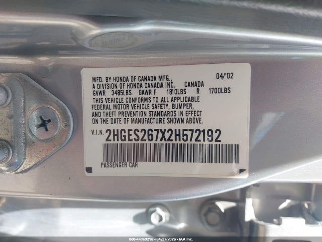 2002 Honda Civic Ex მანქანა იყიდება აუქციონზე, vin: 2HGES267X2H572192, აუქციონის ნომერი: 44969218