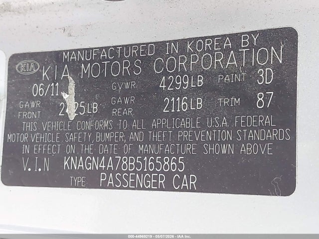Aukcja sprzedaży 2011 Kia Optima Ex, vin: KNAGN4A78B5165865, numer aukcji: 44969219