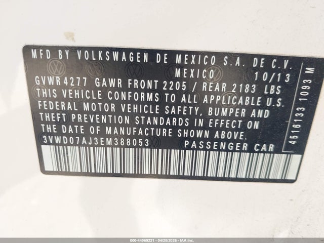 Продажа на аукционе авто 2014 Volkswagen Jetta 1.8t Se, vin: 3VWD07AJ3EM388053, номер лота: 44969221
