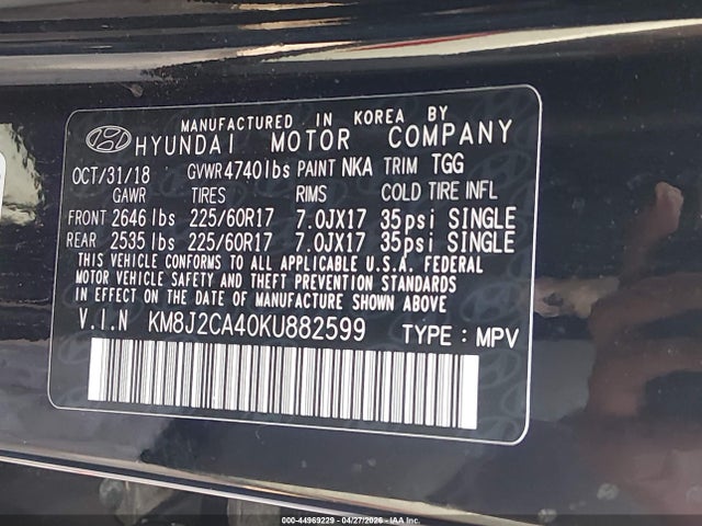 Aukcja sprzedaży 2019 Hyundai Tucson Se, vin: KM8J2CA40KU882599, numer aukcji: 44969229