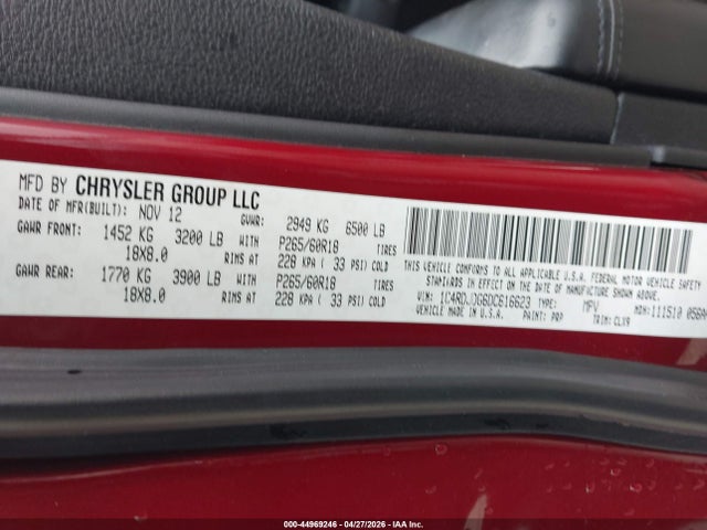 44969246 :رقم المزاد ، 1C4RDJDG6DC616623 vin ، 2013 Dodge Durango Crew مزاد بيع