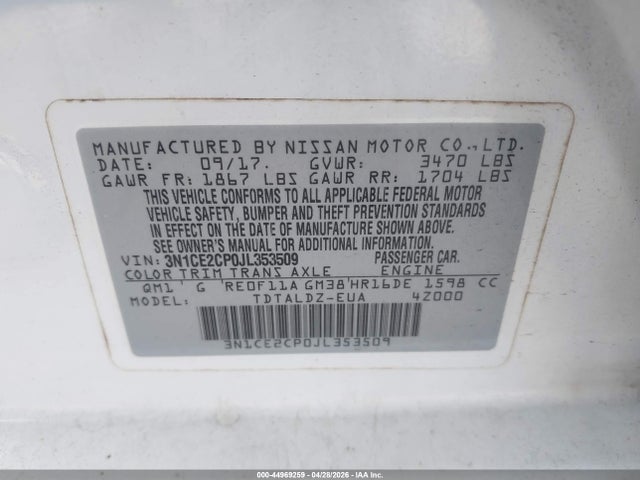 Aukcja sprzedaży 2018 Nissan Versa Note Sv, vin: 3N1CE2CP0JL353509, numer aukcji: 44969259