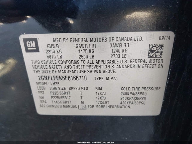 Aukcja sprzedaży 2015 Chevrolet Equinox 1lt, vin: 2GNFLFEK6F6166710, numer aukcji: 44969261