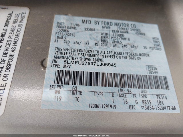 Продаж на аукціоні авто 2007 Lincoln Navigator Ultimate, vin: 5LMFU27597LJ06945, номер лоту: 44969271