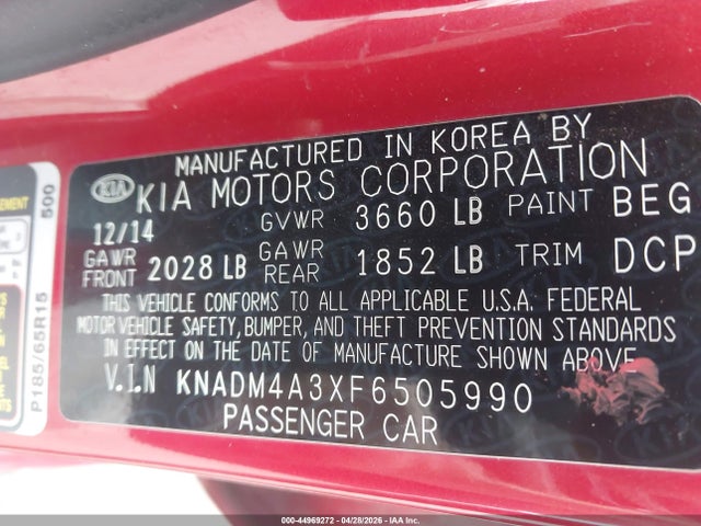 44969272 :رقم المزاد ، KNADM4A3XF6505990 vin ، 2015 Kia Rio Lx مزاد بيع