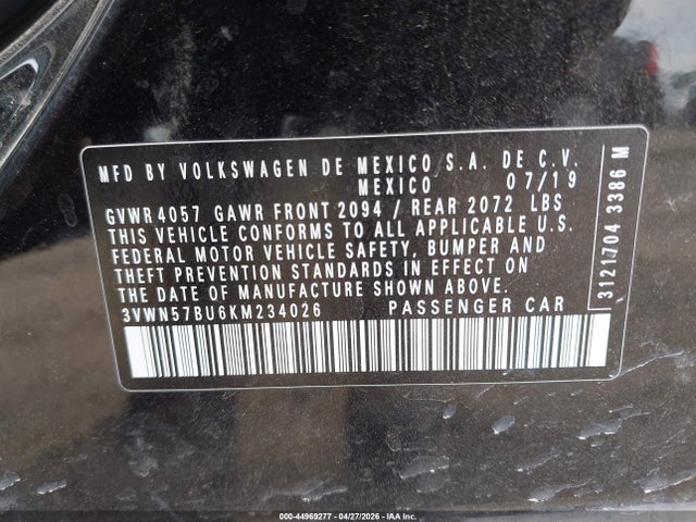 2019 Volkswagen Jetta 1.4t S მანქანა იყიდება აუქციონზე, vin: 3VWN57BU6KM234026, აუქციონის ნომერი: 44969277