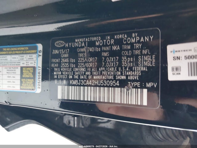 Aukcja sprzedaży 2017 Hyundai Tucson Se Plus, vin: KM8J3CA42HU530954, numer aukcji: 44969279