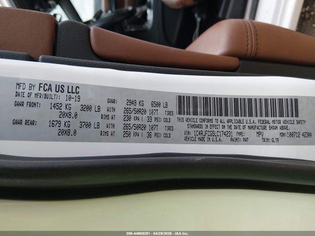 Продажа на аукционе авто 2020 Jeep Grand Cherokee Overland 4x4, vin: 1C4RJFCG5LC174231, номер лота: 44969291