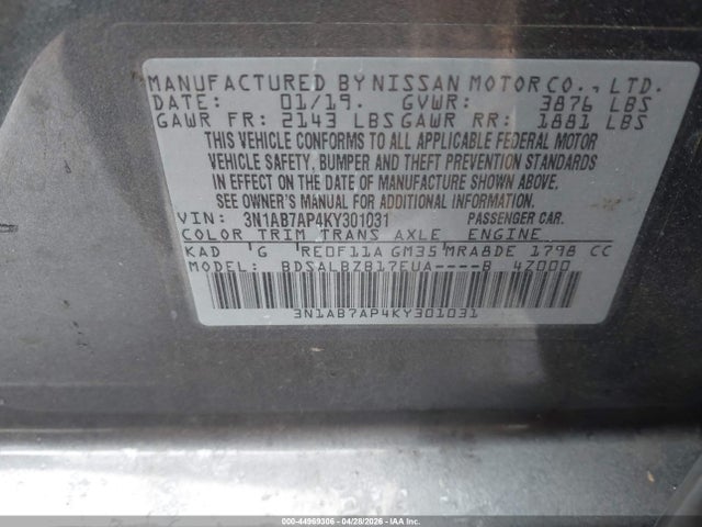 2019 Nissan Sentra S მანქანა იყიდება აუქციონზე, vin: 3N1AB7AP4KY301031, აუქციონის ნომერი: 44969306