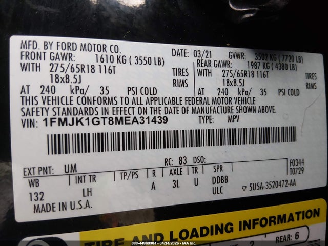1FMJK1GT8MEA31439 Ford Expedition Xl Max